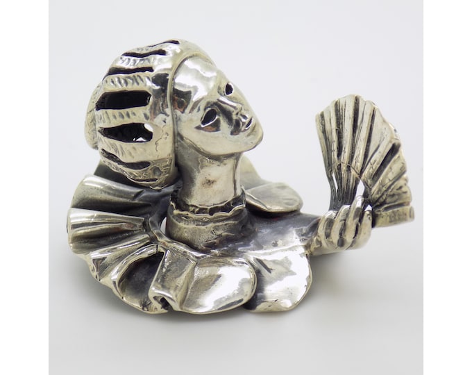 Vintage Italian Handmade Sterling Silver 925 Woman with Fan Bust Figurine, Solid Rare Miniature made in Vicenza (VI, Italy)