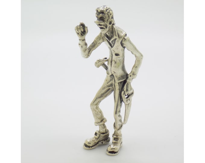 Vintage Italian Handmade Genuine Silver Handyman Figurine from Arezzo, 1970s Solid 800 Silver Carpenter Statue with Saw and Hammer Tool Belt