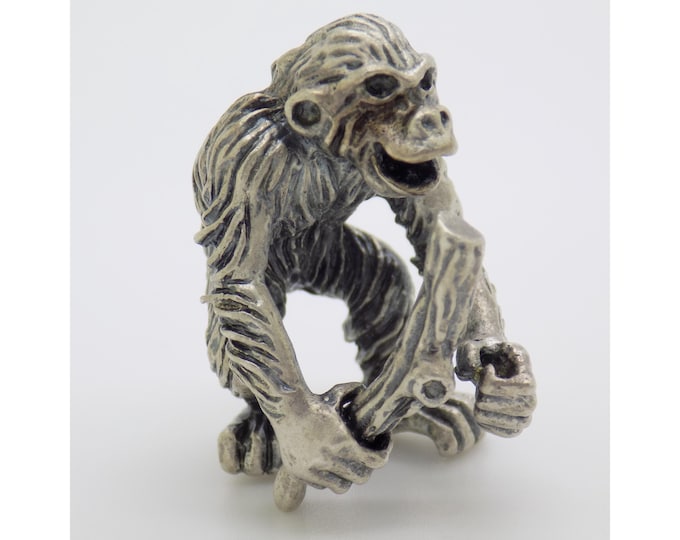 Vintage Italian Handmade Genuine Silver Chimpanzee Figurine Monkey Sculpture Detailed Miniature Collectible 1970s