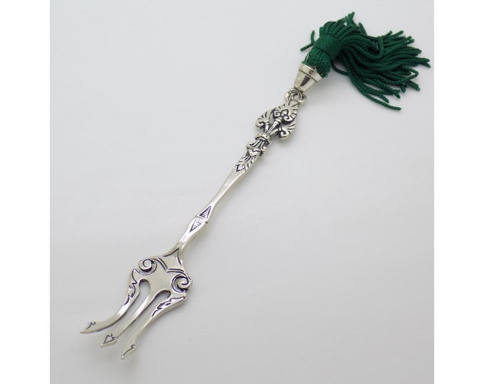Vintage Italian Handmade Genuine Silver Decorative Dessert Fork w/t Green Tassel made in Arezzo (Tuscany)