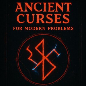 May include: A red and black graphic design with the text "Ancient Curses for Modern Problems" and a red symbol in a circle.
