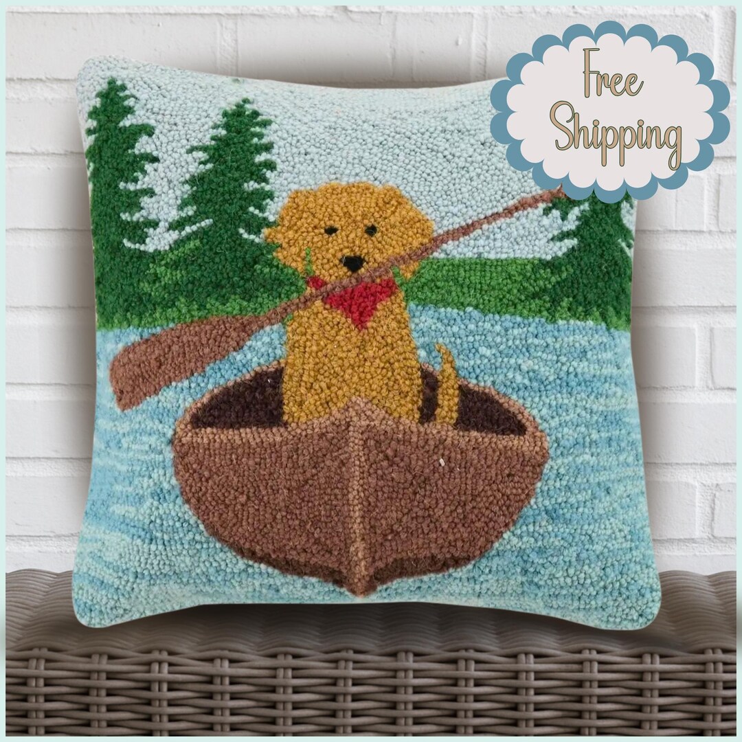 Golden Retriever Canoe Hooked Wool Pillow, Labrador Lake Cabin Accent ...