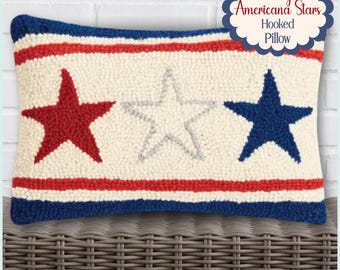 Vintage Americana Stars Pillow, Patriotic Hooked Pillow, 4th of July Accent Pillow, Americana Cottage Decor, Red White Blue Pillow