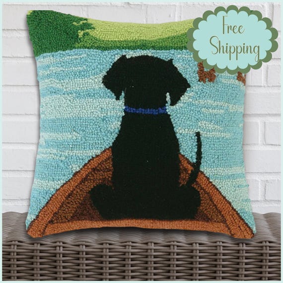 Black Lab Hooked Pillow, Lake House Throw Pillow, Labrador Retriever Gift, Cabin Cottage Decor for Dog Lover, Handcrafted Accent