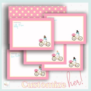 Juego de papelería de bicicleta personalizado con flores rosas, tarjetas personalizadas para amigos, regalo de cumpleaños para mujeres, tarjetas personalizadas, diseño hecho a mano