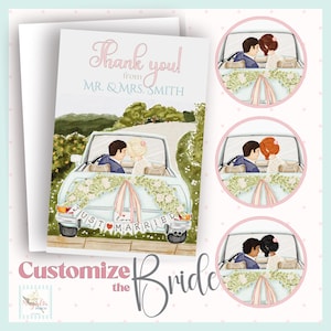 Biglietti di ringraziamento personalizzati per gli sposi novelli con design di auto d'epoca, biglietti di ringraziamento per la cancelleria nuziale, biglietti di auguri per matrimoni personalizzati