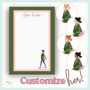 May include: A notepad with a green and pink border, featuring the name "Kerri Rucker" at the top. A watercolor illustration of a woman in a green jacket and jeans walking with shopping bags is on the notepad. The words "Customize her!" are at the bottom.