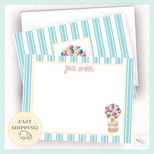 Ensemble de cartes de remerciements personnalisées pour enfants, conception de montgolfière, papeterie personnalisée pour enfant, ensemble-cadeau de chiot à rayures bleues, chambre de bébé