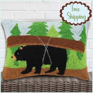 Black Bear Hooked Wool Pillow, Rustic Cabin Decor, Woodland Bear Gift, Lodge Style Accent, Mountain House Throw Pillow