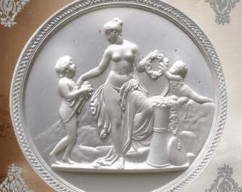 Vintage Silver Relief Plaque-Nymph and Putti Bas-Relief Wall Art-Roman Mythology Sculpture-Greek Inspired Decor