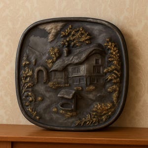 May include: A square, dark grey relief sculpture showing a rural cottage scene. The artwork features a house with a thatched roof, trees, an arched bridge, and a well, all with gold detailing. The piece is mounted on a wooden surface.