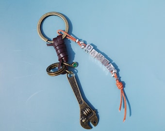 Personalized Wrench Keychain, Custom Name, Leather Cord, Handyman Gift
