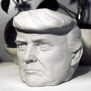 May include: A white ceramic planter shaped like a person's head with a short hairstyle. The planter has a serious expression with a furrowed brow and a slightly parted mouth.