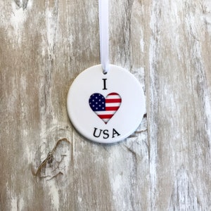 Patriotic US Flag Ornament | I heart USA United States of America Country Flag Ornament | Military Patriot Veteran Gift | Wreath Decoration