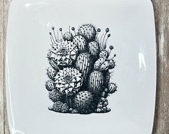 Succulent Drawing Cactus Art Print 8x8 Decorative Hanging Plate for Boho Gallery Wall | Small Trinket Dish | Flowering Cactus Plate 01