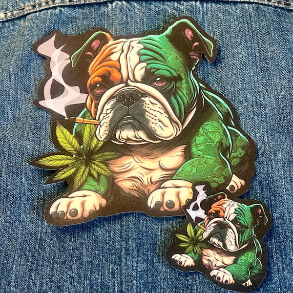 English Bulldog Backpatch | WeedPatch | Large Patches | Motorcycle Patches for Denim Jackets | Cannabis Art | Stoner Girl | Dog Back Patch