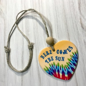 Here Comes The Sun Hanging Ornament Personalized | Baby Nursery | Custom Initial Tie Dye Car Accessories | Rear View Mirror Hippie Car Decor