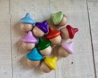 Rainbow Wood Acorns Set, Montessori Counters, Loose Parts Play