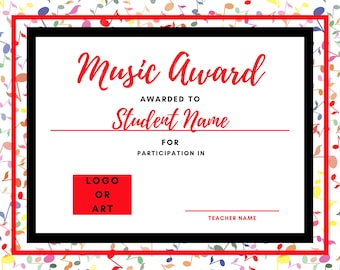 Może przedstawiać: Czerwono-czarny certyfikat nagrody muzycznej z tekstem "Music Award" w czerwonym, ozdobnym piśmie. Certyfikat jest ozdobiony białym tłem i obramowaniem z kolorowych nut.