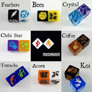 May include: Set of 10 colorful dice with various designs, including feathers, bees, crystals, a chibi star, coffee, tentacles, an acorn, and koi. Each die has a unique design and color.