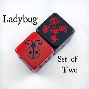 Op de afbeelding: Set van twee dobbelstenen met lieveheersbeestjes. Een dobbelsteen is rood met één zwart lieveheersbeestje. De andere dobbelsteen is zwart met meerdere rode lieveheersbeestjes.