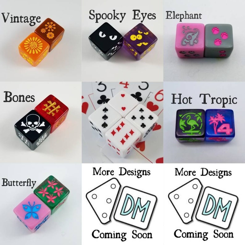 May include: A collection of colorful dice with various designs, including vintage, spooky eyes, elephant, bones, hot tropic, butterfly, and more. The dice are made of plastic and have a variety of colors and patterns.