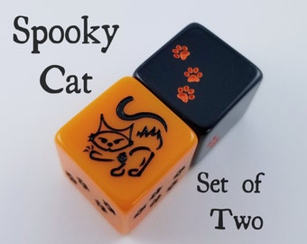 Spooky Cat Dice / Ensemble de 2 / D6 - Dés d’Halloween, Chat d’Halloween, Chat noir
