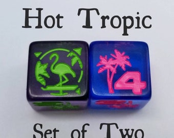 Hot Tropic Dice / Set of 2 / D6 - Flamingo, Vaporwave, Miami, Palm Trees