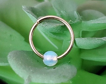 14k Solid Gold or 14k Solid Rose Gold  Opalite Seamless Hoop 24g 22g 20g 6mm 7mm 8mm 9mm 10mm 11mm 12mm 13mm 14mm Septum Tragus Conch Ear