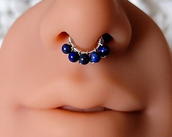 Silver Lapis Lazuli Septum ring 22g 20g 18g 16g 8mm 9mm 10mm 11mm 12mm 13mm, Half sizes available in 925 or 999 Silver