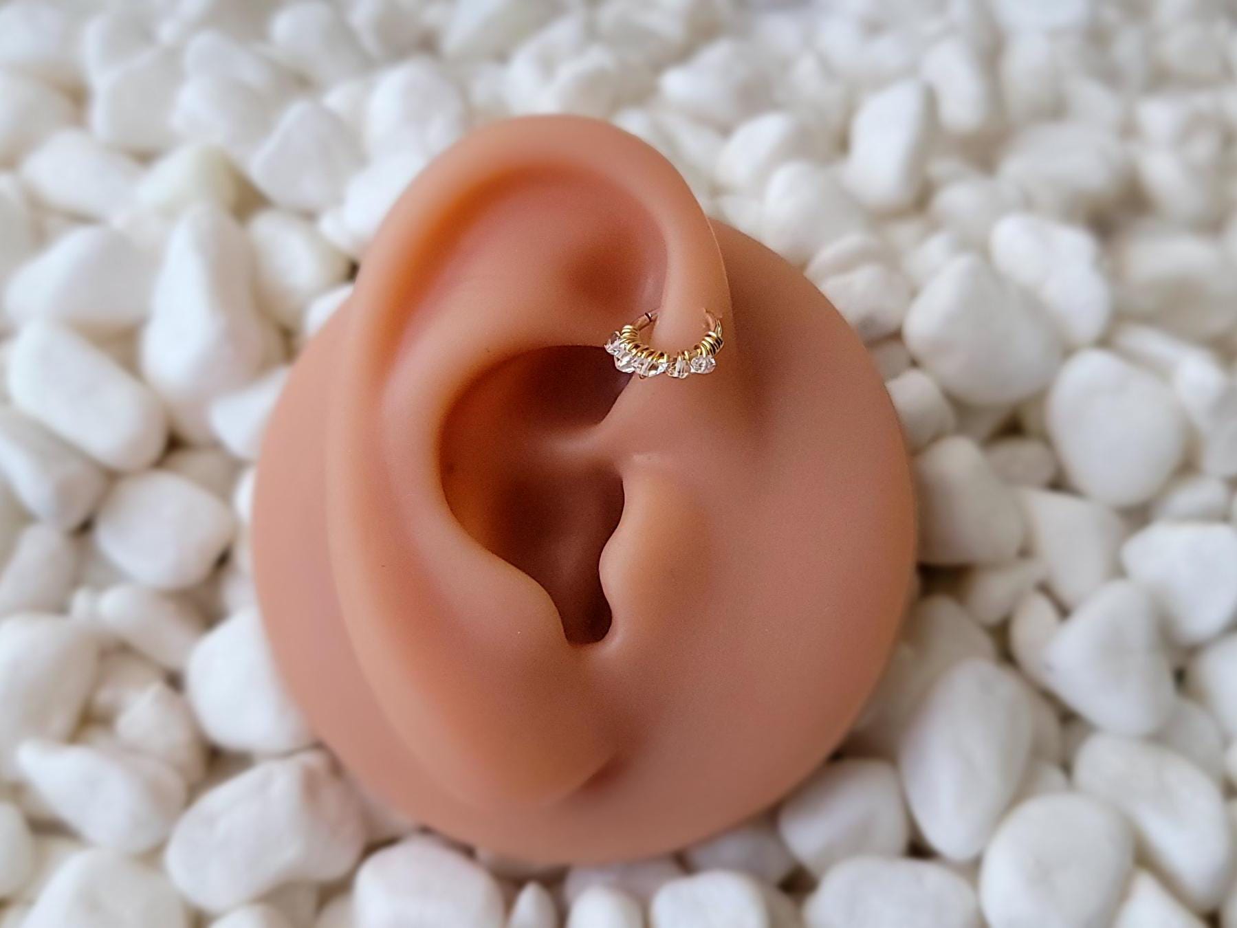 Herkimer Quartz wire wrapped 14k Gold filled Seamless Forward Helix Cartilage Ring 22g 20g 18g 16g 6mm 7mm 8mm, nickel free body jewelry