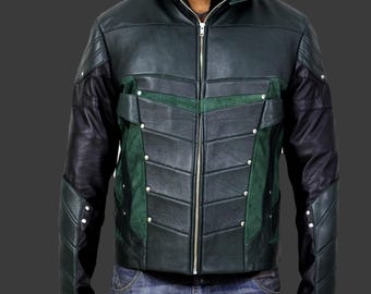 Oliver Queen Arrow Season 4 Leather Jacket: Green Hooded Superhero Costume