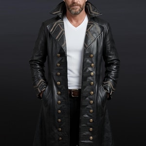 Gabardina de cuero del Capitán Garfio – Chaqueta de pirata renacentista vintage para cosplay – Disfraz hecho a mano del siglo XVII