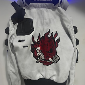 Cyberpunk 2077 Samurai Leather Jacket | White Waxed LED Collar Cosplay Coat | Embroidery Gaming Costume