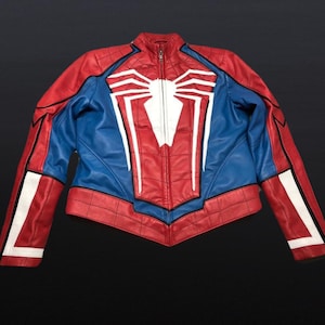 Inspired Spider Man Leather Superhero Jacket | Red Blue White Video Game Cosplay Costume | Men & Women Halloween Outfit - Gift for Him/Her