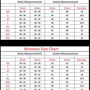 May include: Size charts for men and women, detailing body and jacket measurements in inches. Includes chest, waist, and shoulder measurements for various sizes, from XS to 4XL. The charts are on a black background.