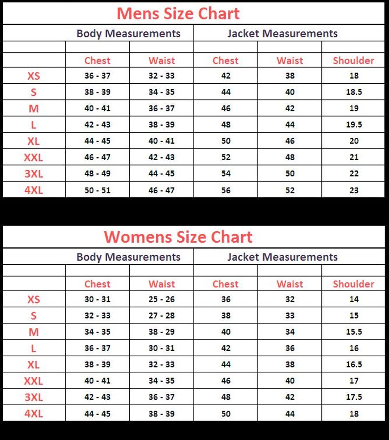 May include: Size charts for men and women, detailing body and jacket measurements in inches. Includes chest, waist, and shoulder measurements for various sizes, from XS to 4XL. The charts are on a black background.
