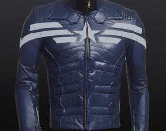 American Captain Blue Leather Jacket: Star Shield Cosplay Costume