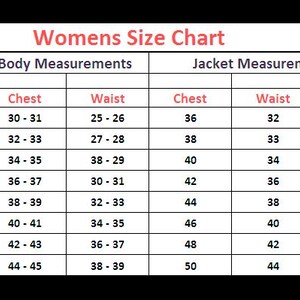 May include: A size chart for women's clothing, with body and jacket measurements. Chest, waist, and shoulder measurements are listed in inches for sizes XS to 4XL. The chart is on a black background.