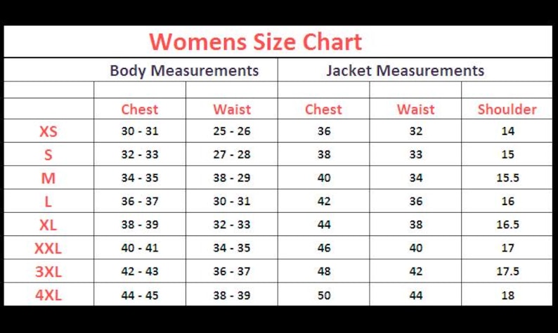 May include: A size chart for women's clothing, with body and jacket measurements. Chest, waist, and shoulder measurements are listed in inches for sizes XS to 4XL. The chart is on a black background.