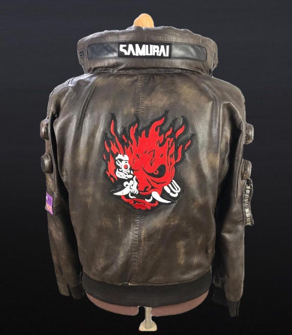 Samurai Cyberpunk 2077 Leather Jacket Cosplay, LED Collar Distressed Brown Vintage Gaming Costume