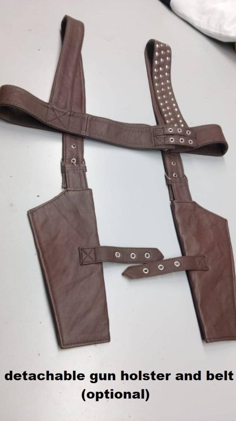May include: Brown leather detachable gun holster and belt with silver rivets. The holster has two pouches and adjustable straps. The text at the bottom says "detachable gun holster and belt (optional)".