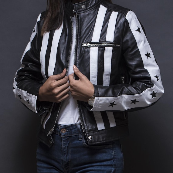 Women's Vintage Black White Striped Leather Biker Jacket Star