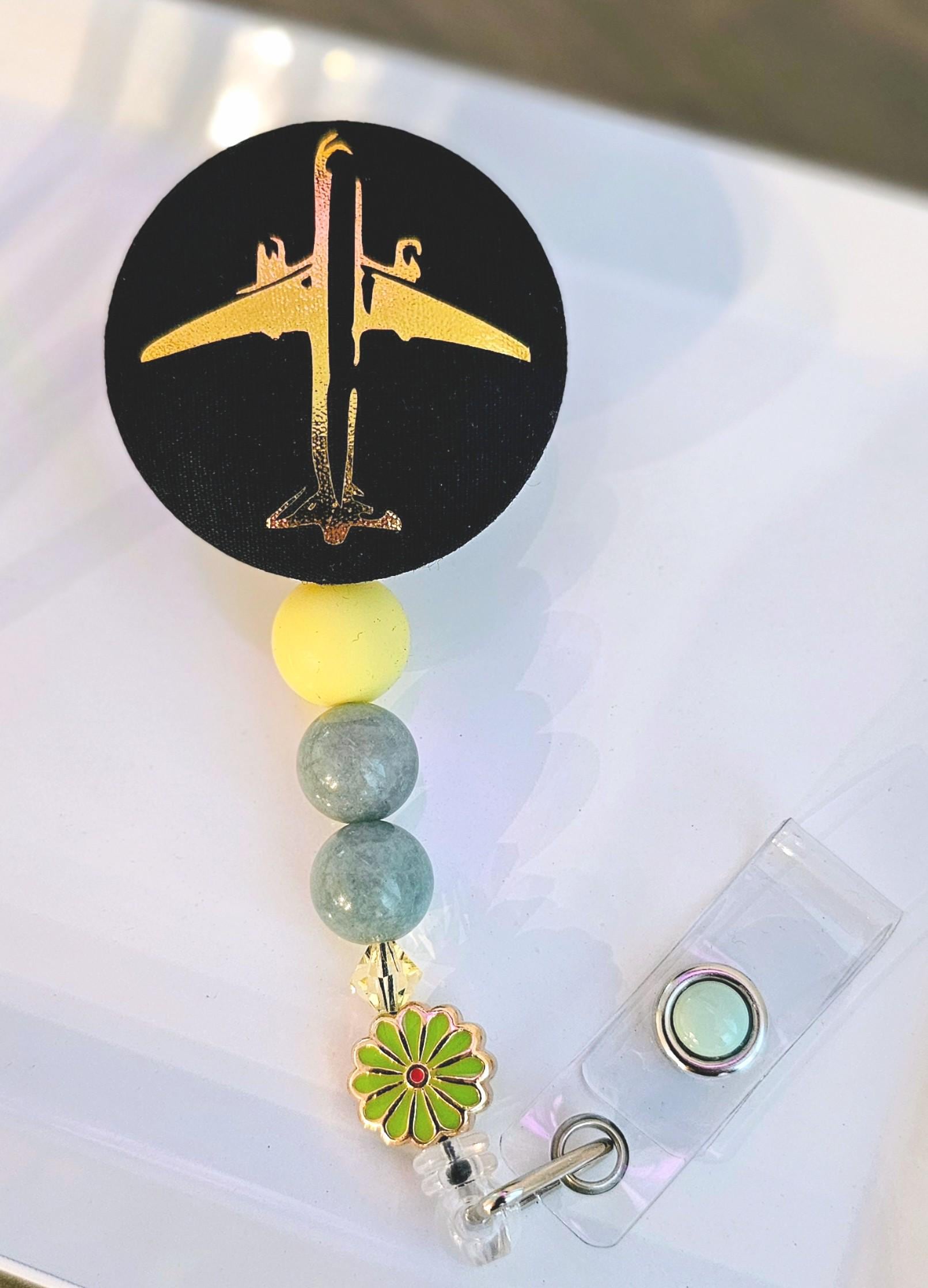 Gold Airplane Burmese Jade Badge Reel Retractable ID Holder, Daisy Charm