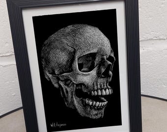 Dessin "Mort de rire" réalisé à la carte à gratter, oeuvre d'art originale et unique 10 x 15 cm par Will Argunas