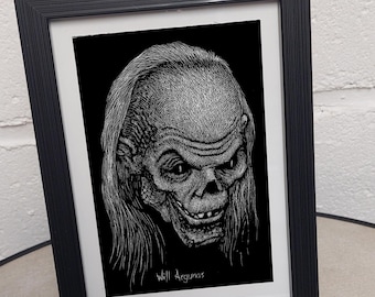 Dessin "Le conteur de la Crypte" réalisé à la carte à gratter, oeuvre d'art originale et unique 10 x 15 cm par Will Argunas