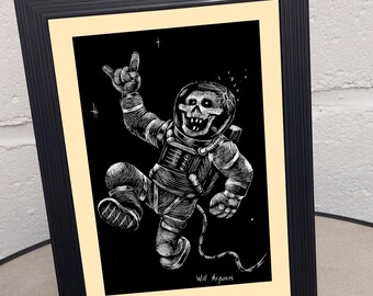 Dessin "Death in Space" réalisé à la carte à gratter, oeuvre d'art originale et unique 10 x 15 cm par Will Argunas