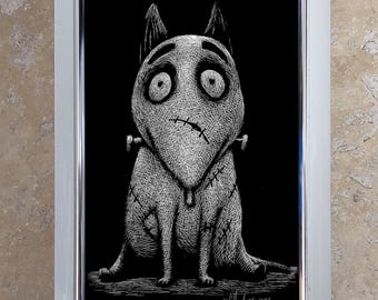 Dessin "Petit chien" réalisé à la carte à gratter, oeuvre d'art originale et unique 10 x 15 cm par Will Argunas