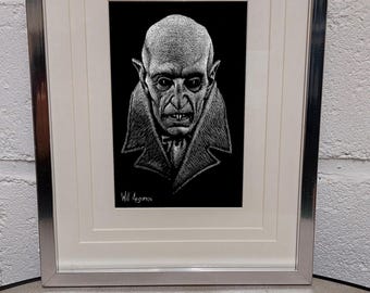 Dessin "Nosferatu" réalisé à la carte à gratter, oeuvre d'art originale et unique 10 x 15 cm par Will Argunas