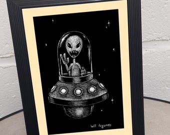 Dessin "Soucoupe Volante" réalisé à la carte à gratter, oeuvre d'art originale et unique 10 x 15 cm par Will Argunas